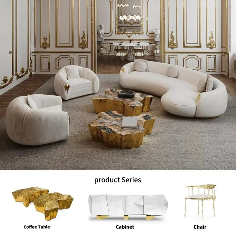 High End Villa Living Room Set Curved Sofa Leather Fabric Brass Corner Couch Italian Designer Furniture Sofas Modernos