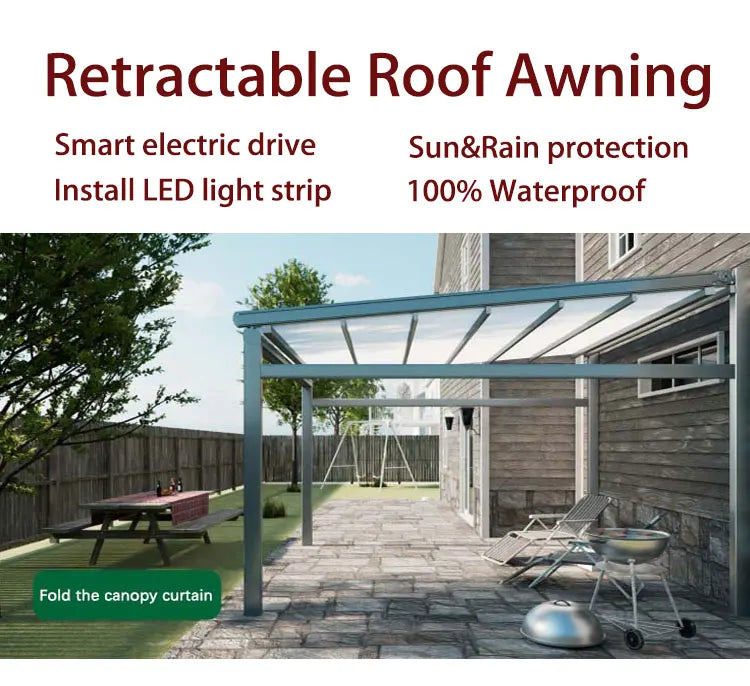 Any Size Custom Wholesale Premium PVC Fabric Cover Motorized Gazebo Auto Retractable Waterproof Outdoor Patio Canopy