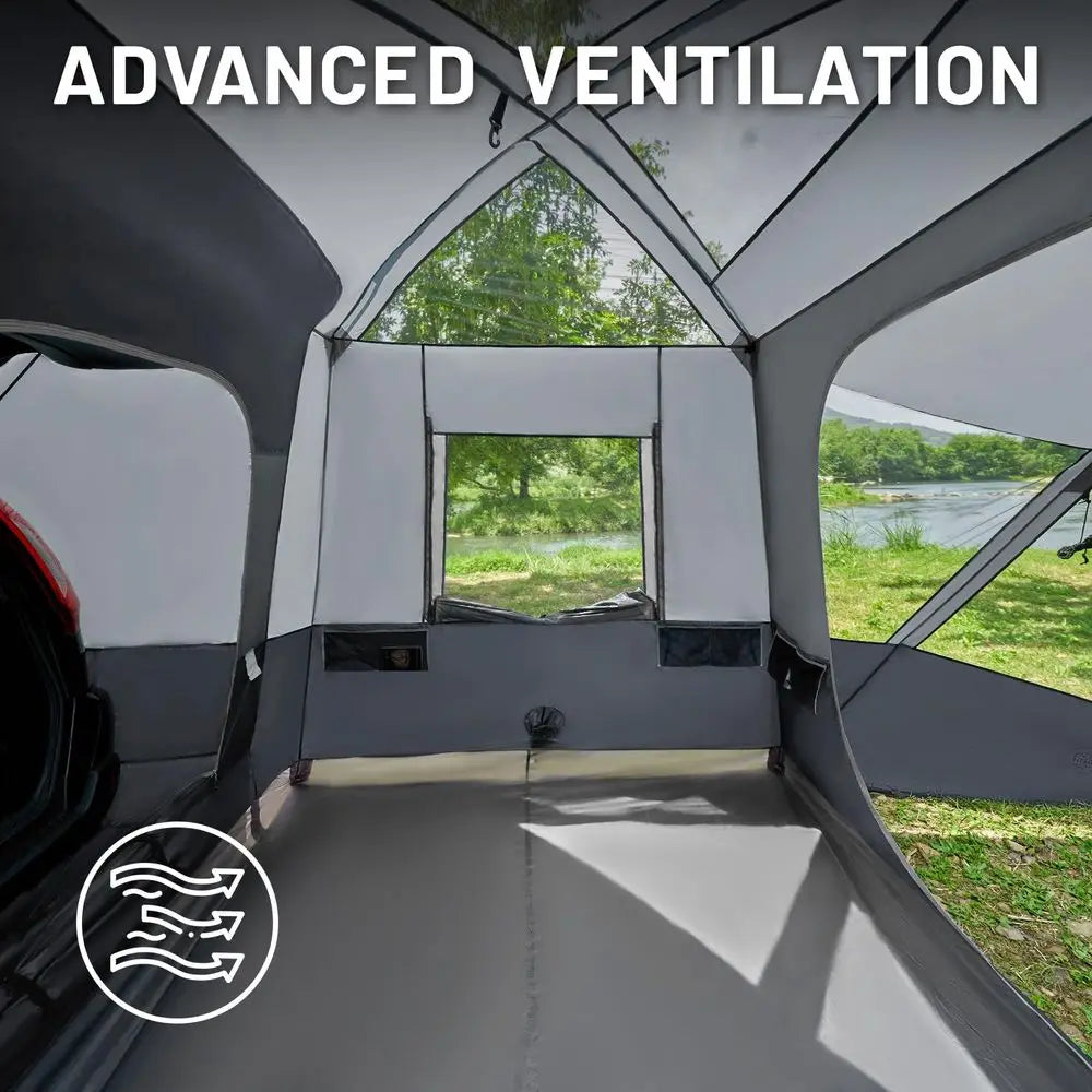 59 Person SUV Tent with Screen Porch and Awning for Family Camping, Weather Resistant and Portable Van or Car Tent, Includes Ra