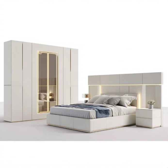 # Ensembles de chambre à coucher en cuir de luxe, lit double moderne avec rangement, pour appartement et hôtel, ensemble de meubles de chambre king size
