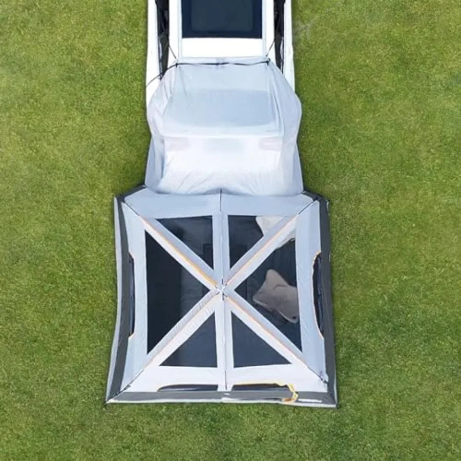 Camping SUV tent for tailgate use, polyester fabric, gray color, quick-setup with rainfly and spacious 10'x9'x78in H interior