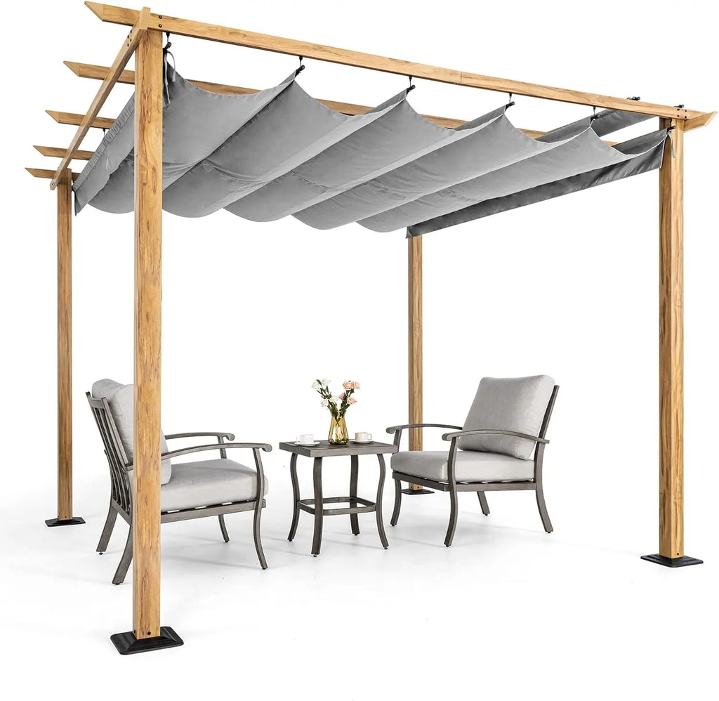 10' X 13' Outdoor Retractable Pergola Canopy for Deck, Backyard, Patio, Aluminum Pergola with Sun Canopy, Includes Ground Studs