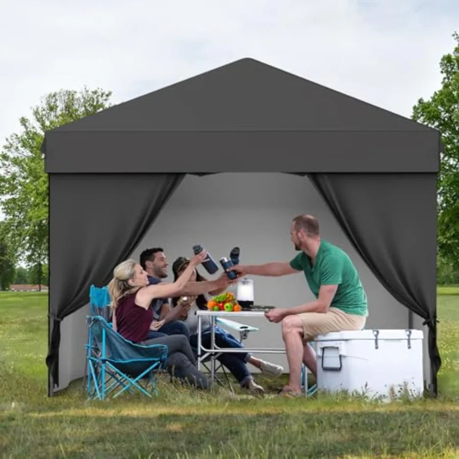 Outdoor party tent with 10x10 pop-up canopy, black polyester fabric, one-button push setup, 3-height adjustment, includes 4 sid
