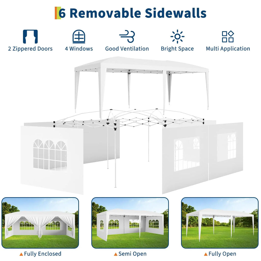 Tente pop-up 10x20 pieds, abri imperméable robuste avec 6 parois latérales amovibles, gazebo portable blanc pour fêtes, mariages, camping, jardin