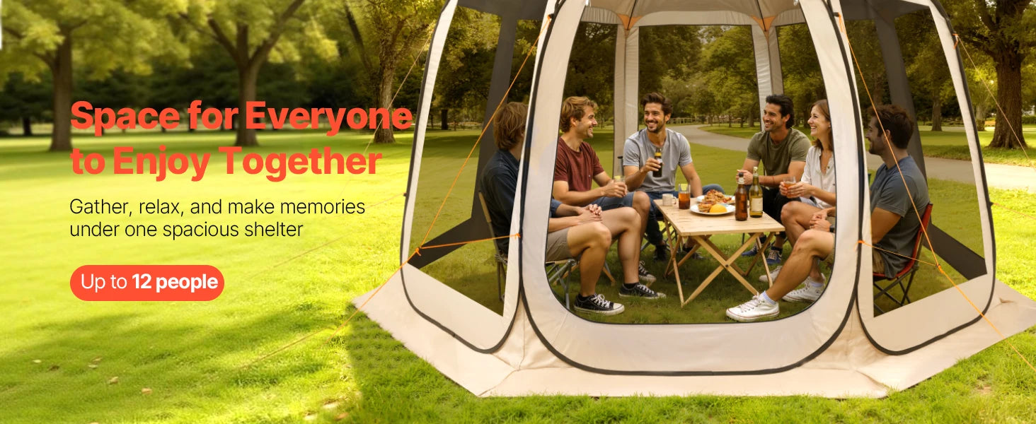 Pop-up Screen House Tent, 12 x 11 ft (approx. 3.7 x 3.4 m), screen gazebo for 10–12 people with extended awning, portable screened enclosure with carry bag and mesh walls, ideal for patios, backyards and outdoor activities