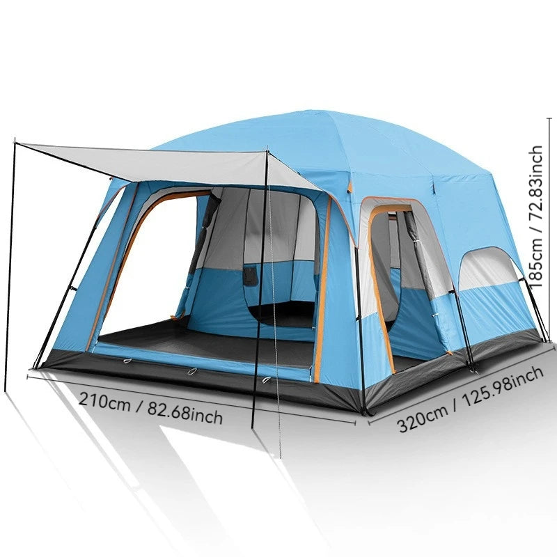 4/8/12-person outdoor family camping tent with a removable awning; spacious interior accommodates multiple people; multiple mesh windows provide ventilation and keep out mosquitoes; windproof, waterproof, and UV-resistant; su