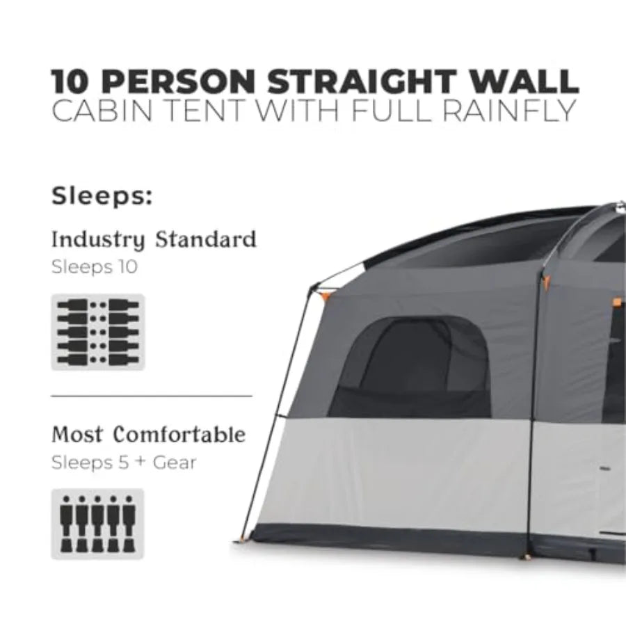 Family camping tent for 10-12 persons, multi-room cabin design, polyester fabric, gray-green color, waterproof and quick-setup