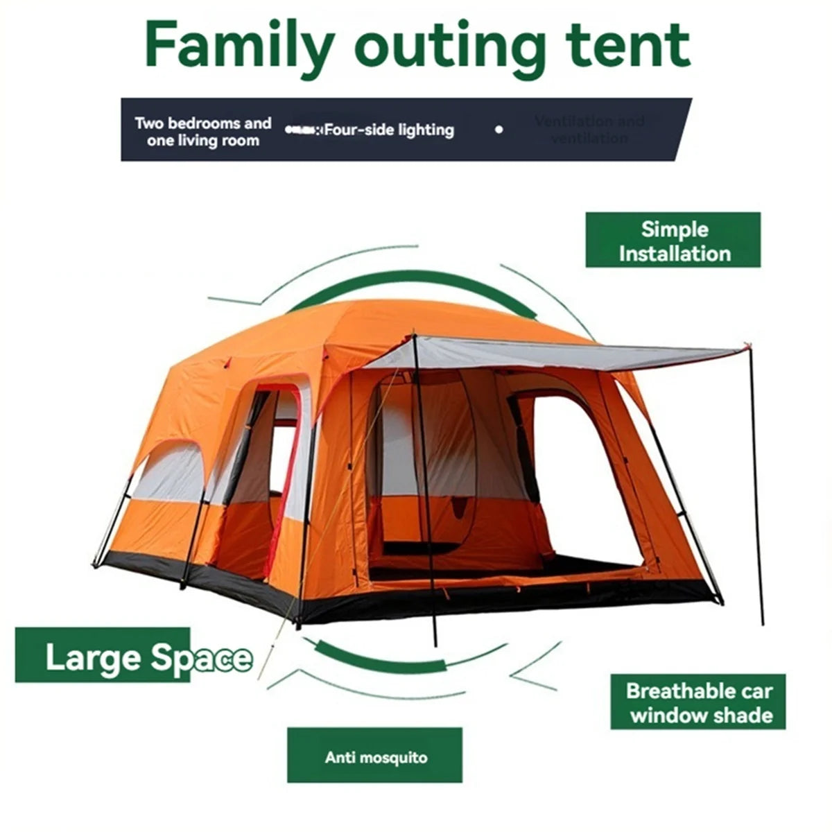 4/8/12-person outdoor family camping tent with a removable awning; spacious interior accommodates multiple people; multiple mesh windows provide ventilation and keep out mosquitoes; windproof, waterproof, and UV-resistant; su