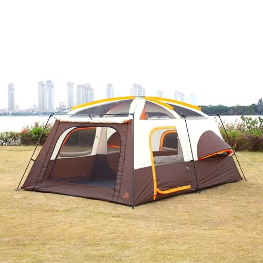 Extra Large Tent 12 PersonFamily Cabin Tents 2 Bay-Windows 2 Rooms and 3 Doors 3 Windows with Mesh Waterproof Straight Wall Dou