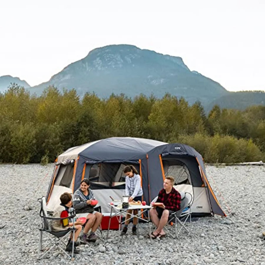 Family camping tent for 10-12 persons, multi-room cabin design, polyester fabric, gray-green color, waterproof and quick-setup