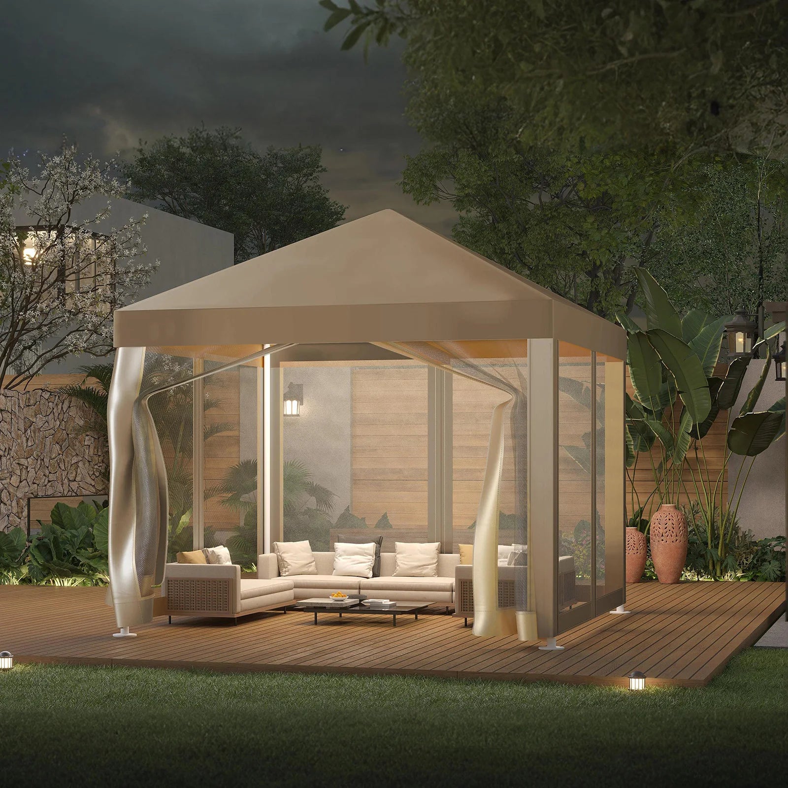 10' X10' Gazebo Canopy With Mosquito Netting, Outdoor Patio Gazebo Tent For Backyard, Garden, Khaki