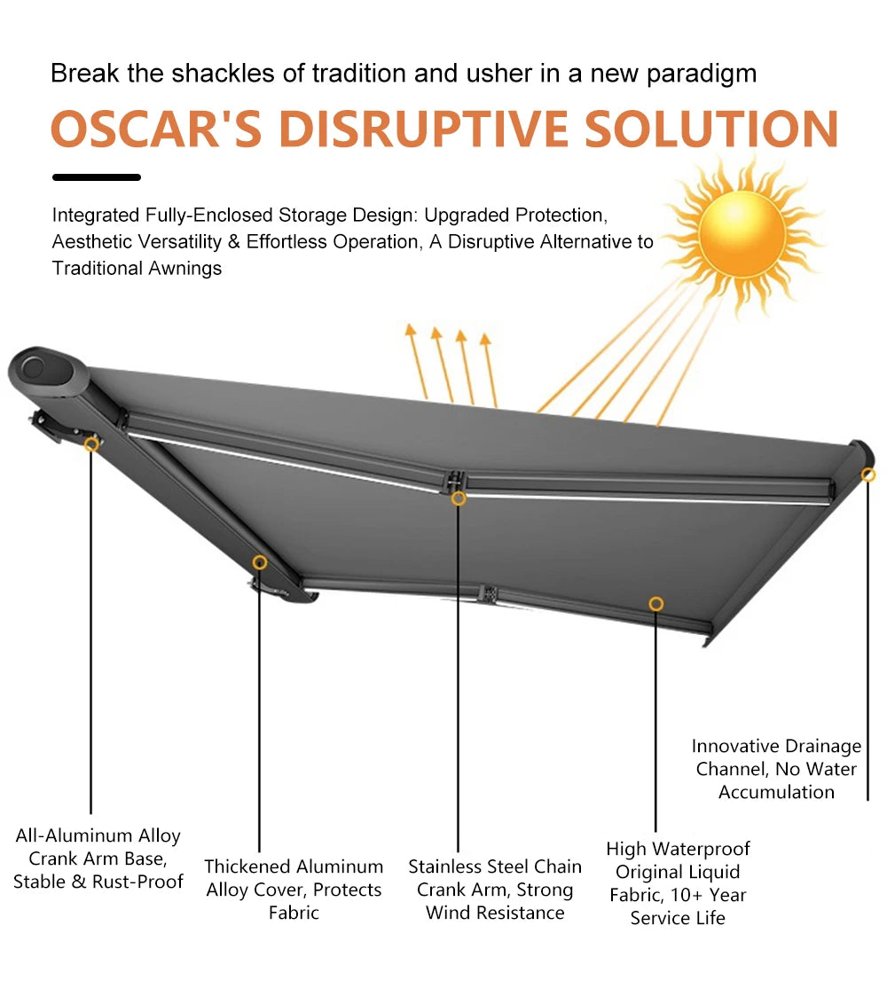 Full-Case Electric Awning - Retractable, Smart Auto Remote-Controlled Folding Sun & Rain Shelter with Aluminum Alloy Frame for O