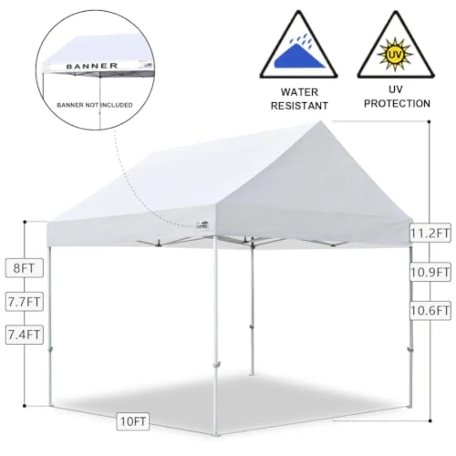 Party tent for outdoor events, snow white polyester fabric, instant pop-up setup with USA patent, includes heavy duty roller ba
