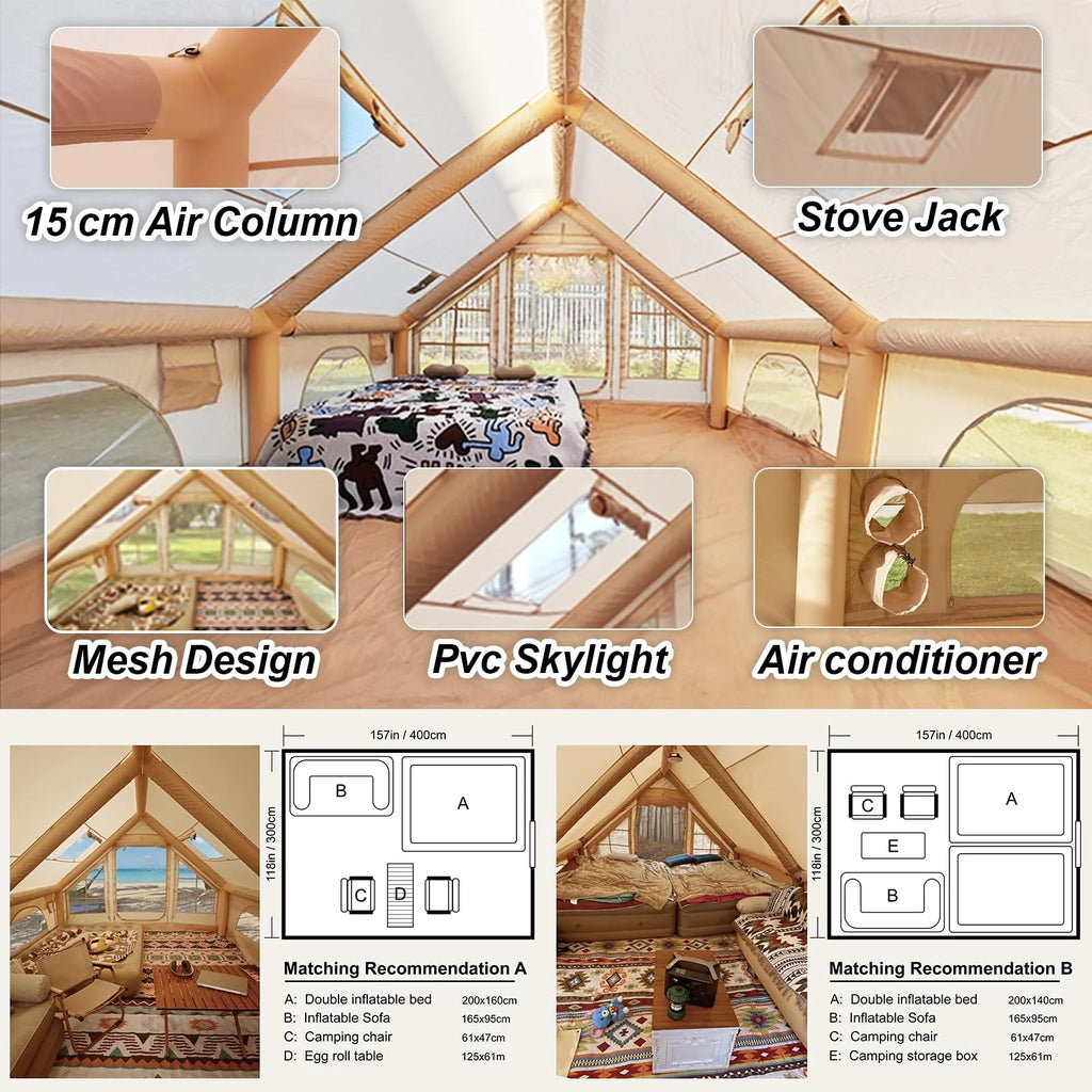 Portable Outdoor Waterproof Four Seasons Family Camping Tent 8-10 People Oxford Fabric Fashion Rooftop Travel Inflatable Triple