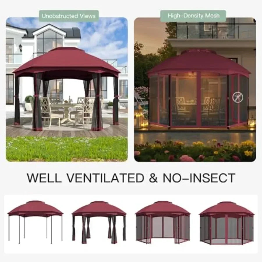 Gazebos on Clearance 13 x 13 Ft 6 Sided Outdoor Gazebo with Double Air Roofs and Netting Walls Heavy Duty Steel Fe Gazebo Tent