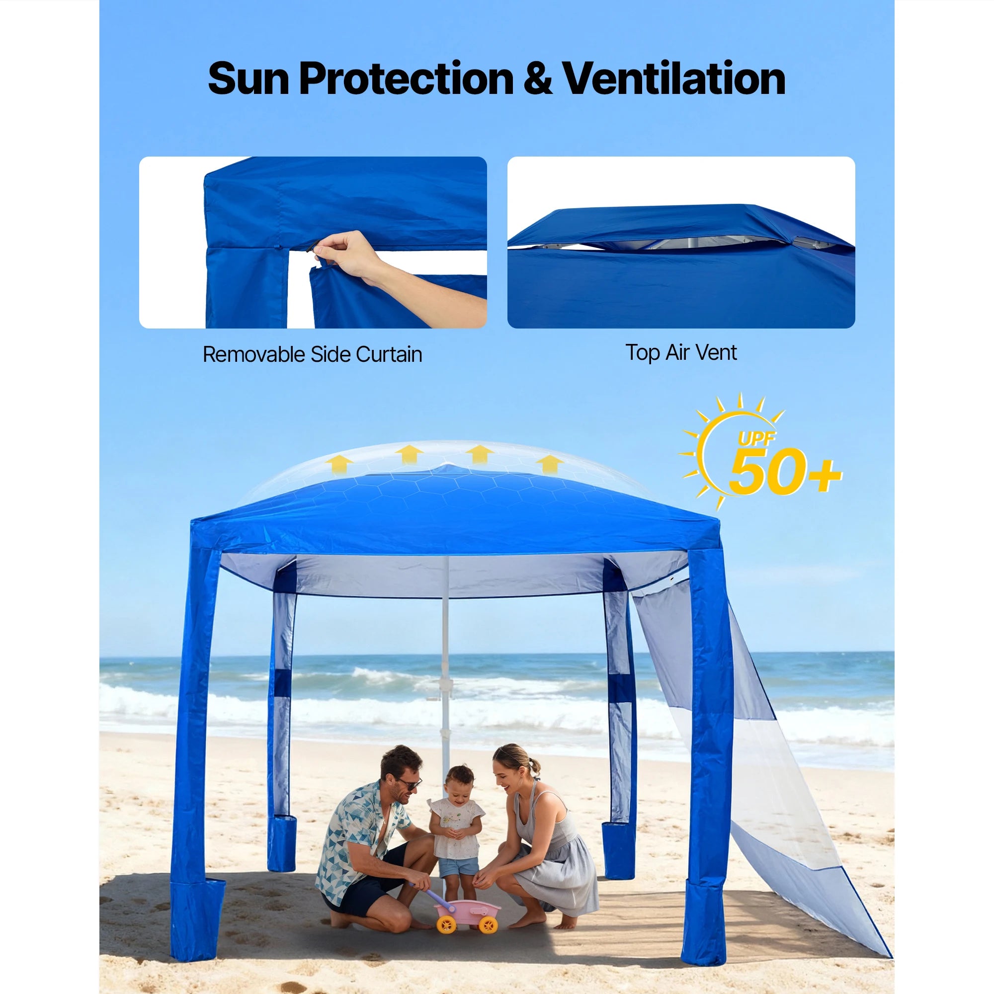 SucceBuy Beach Cabana 8 x 8 ft Adjustable Height Portable UPF 50+ Protection with Side Wall Sand Pockets for Family & Friends