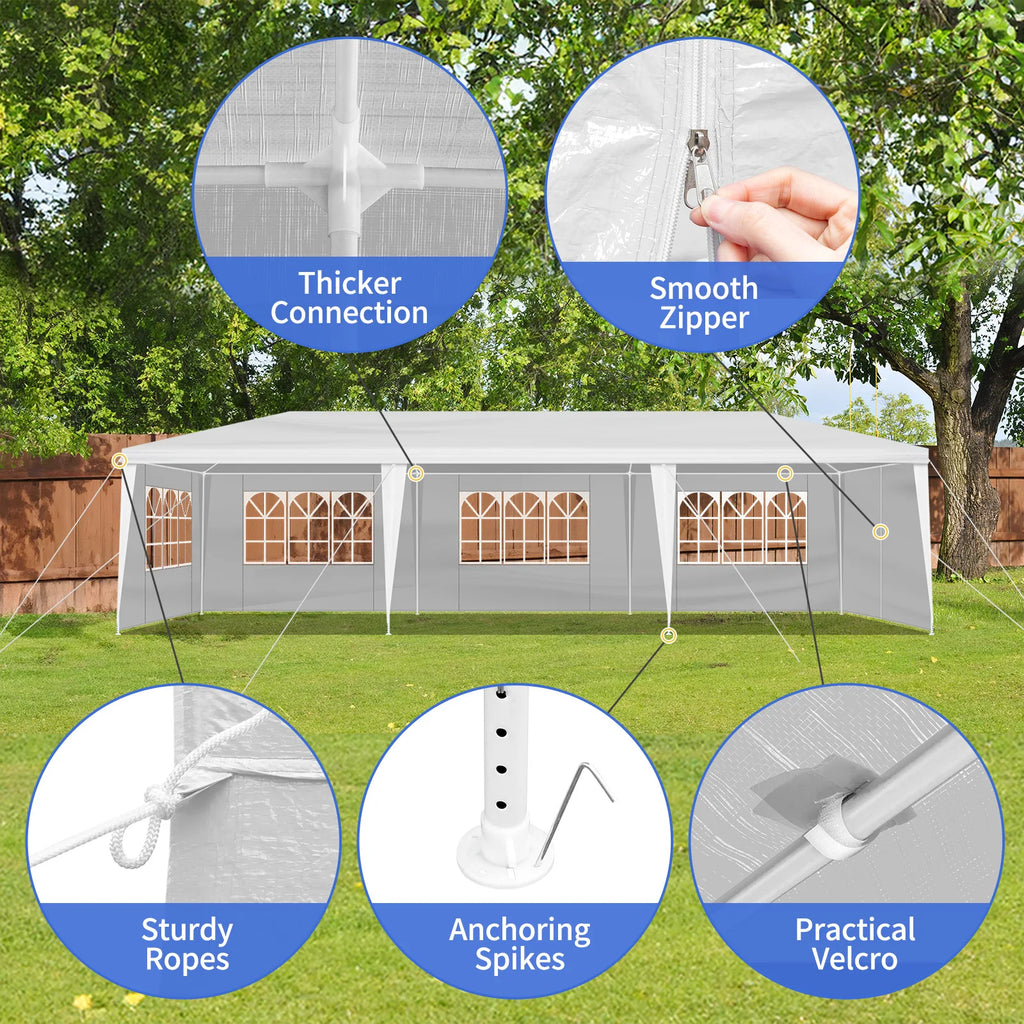 Tente de réception blanche 10'x30' avec 8 parois latérales amovibles, en tissu PE et structure en fer, gazebo d'extérieur imperméable avec fenêtres pour mariages, événements en plein air, abri de patio