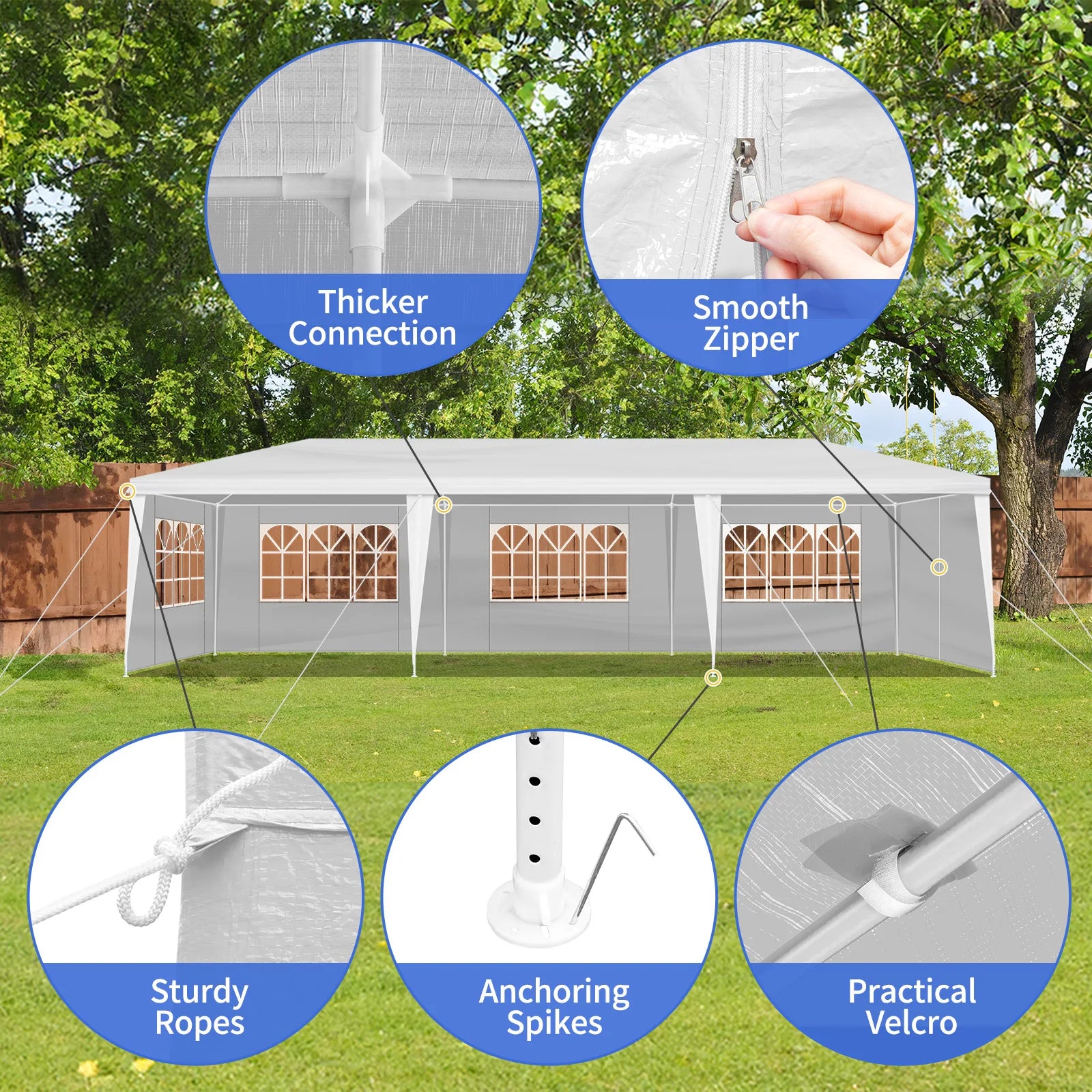 Tente de réception blanche 10'x30' avec 8 parois latérales amovibles, en tissu PE et structure en fer, gazebo d'extérieur imperméable avec fenêtres pour mariages, événements en plein air, abri de patio