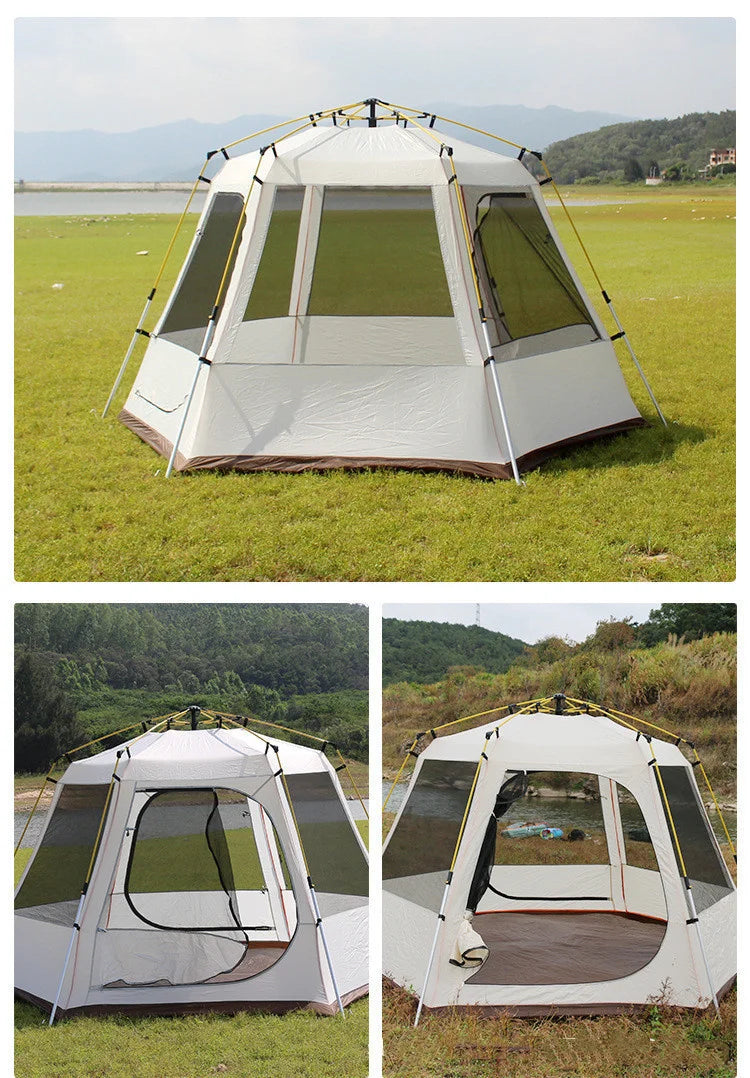 Automatic Camping Tent Outdoor Waterproof Anti-UV Hexagonal Big Tent Aluminum Pole Garden Pergola Awning Family Tent 4-6 Persons