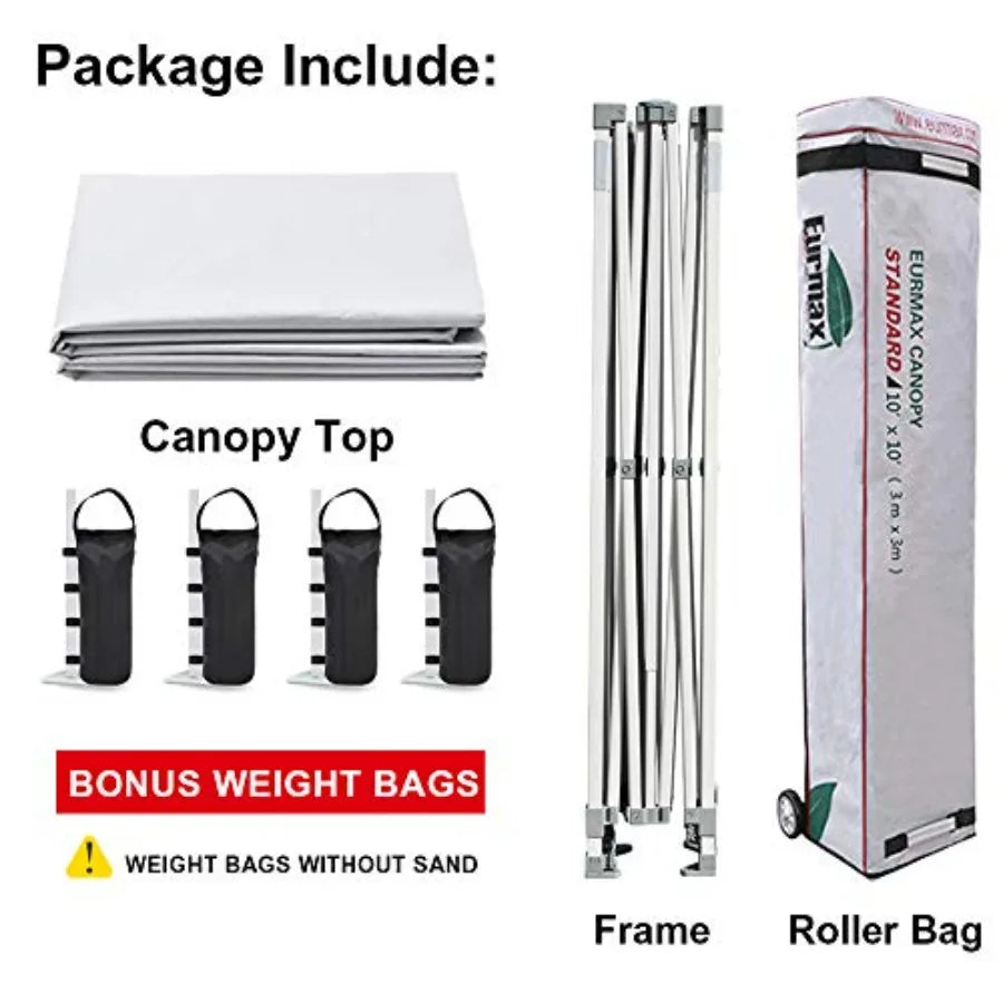 Party tent for outdoor events, snow white polyester fabric, instant pop-up setup with USA patent, includes heavy duty roller ba