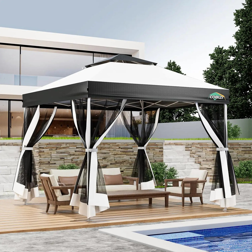 10x10 Pop Up Gazebo Canopy Tent with Mosquito Netting Vented Roof Metal Frame Easy Setup for Backyard Camping Deck Beach, Custom