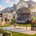 Outdoor Round Egg Chair with Armrest, Double Lounge Chair with Cushions & Headrests, Wicker Patio Backyard Seat, Black, Custom