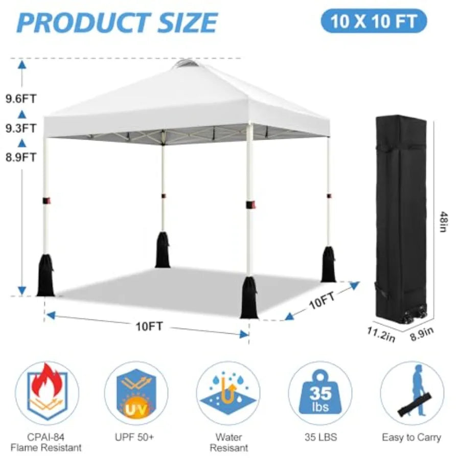 Outdoor event canopy tent: white polyester, 10x10 ft, 1-button push setup, adjustable height, portable roller bag 4 weight bags