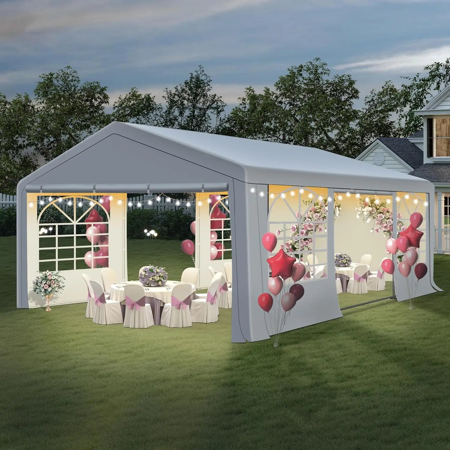 Tonnelle de réception et abri pour voiture 20' x 20' - Gazebo de mariage extérieur robuste avec 4 sacs de sable, abri événementiel, personnalisable