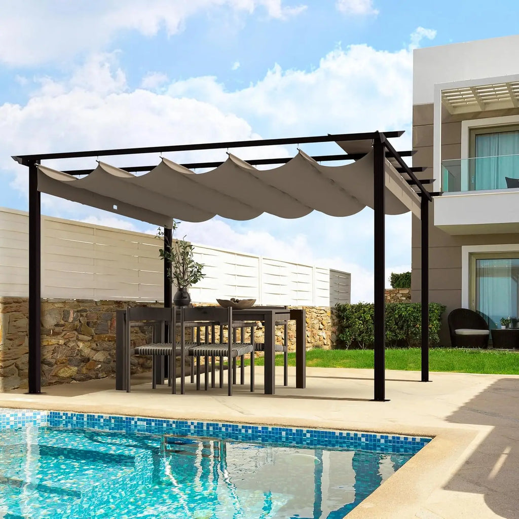 10' X 13' Outdoor Retractable Pergola Canopy for Deck, Backyard, Patio, Aluminum Pergola with Sun Canopy, Includes Ground Studs