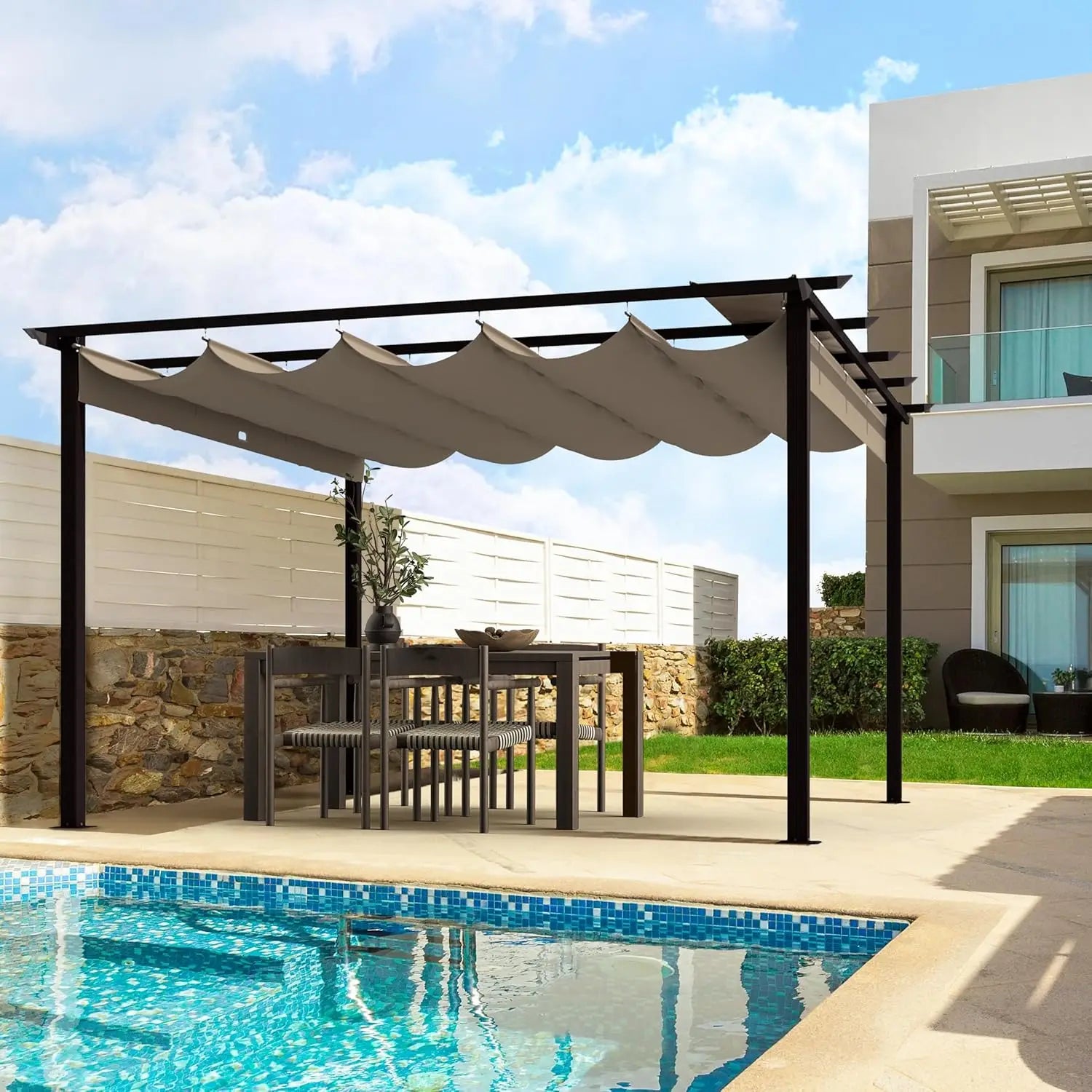 10' X 13' Outdoor Retractable Pergola Canopy for Deck, Backyard, Patio, Aluminum Pergola with Sun Canopy, Includes Ground Studs