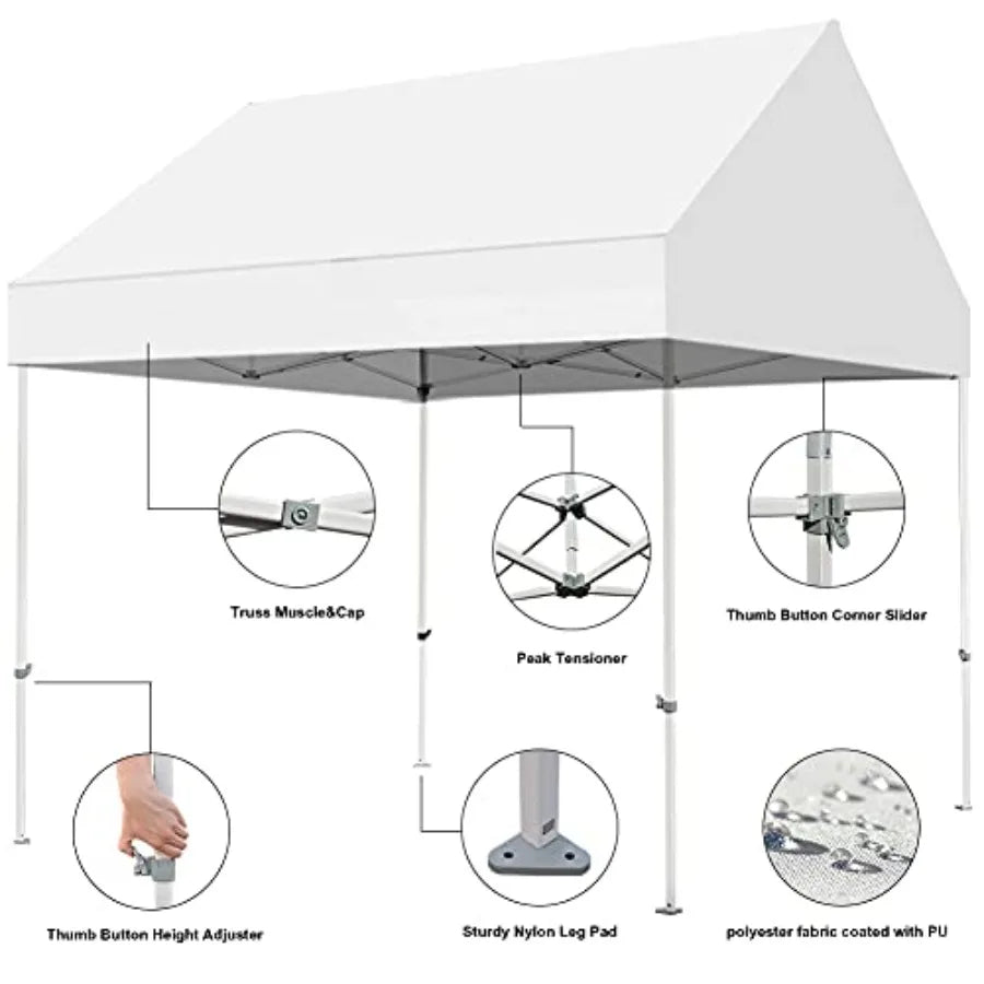 Party tent for outdoor events, snow white polyester fabric, instant pop-up setup with USA patent, includes heavy duty roller ba