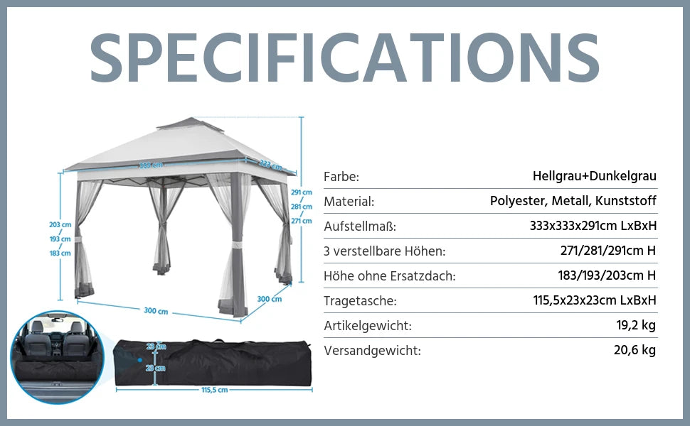 Gazebo 3.3x3.3m Waterproof Stable Pop Up Folding Gazebo, Adjustable Garden Gazebo with 4 Mosquito Net Side Panels & Double Roof