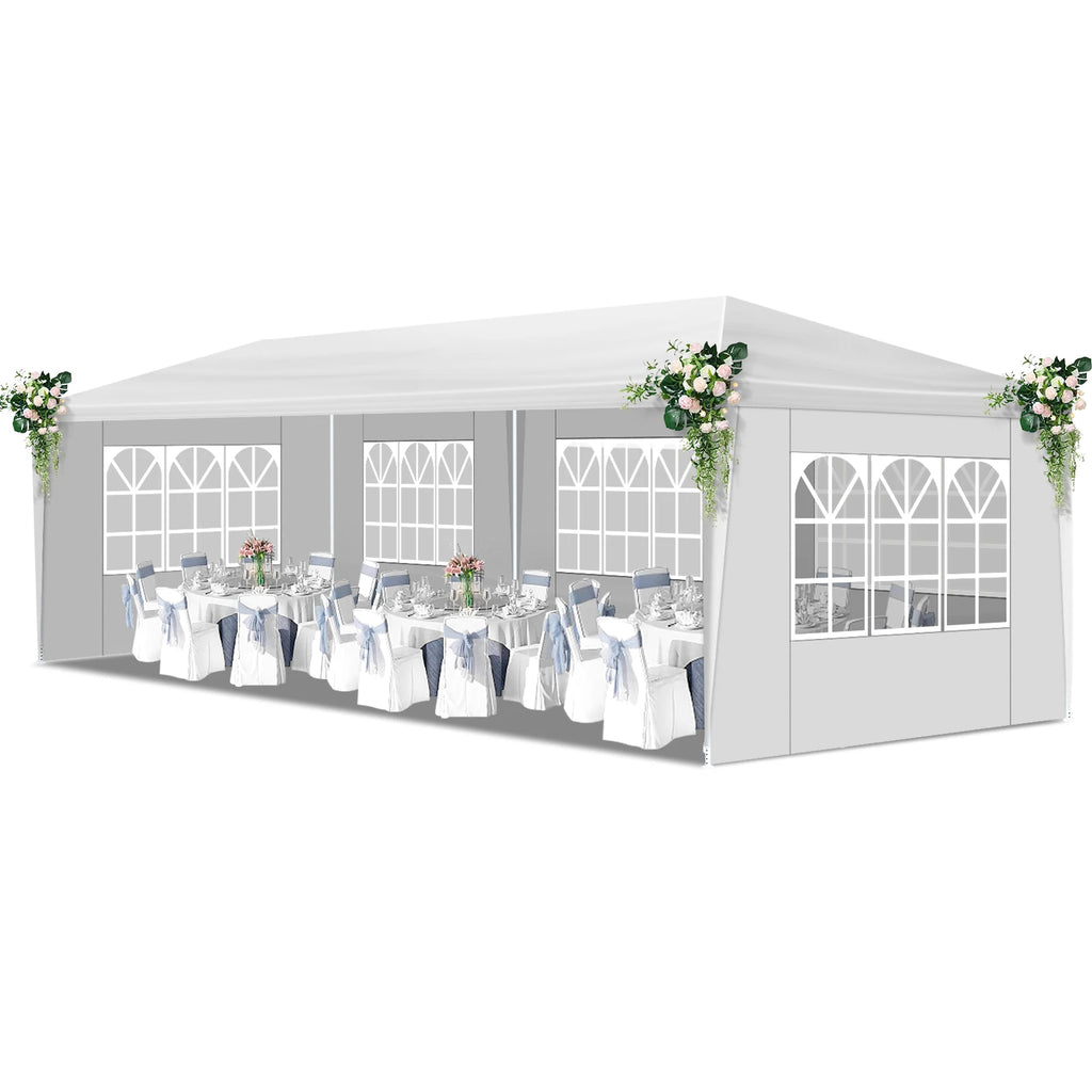 Tente de réception extérieure 10'x30', auvent imperméable avec 5 parois latérales amovibles et fenêtres de style église, grand gazebo pour mariage, anniversaire, barbecue en plein air, blanc