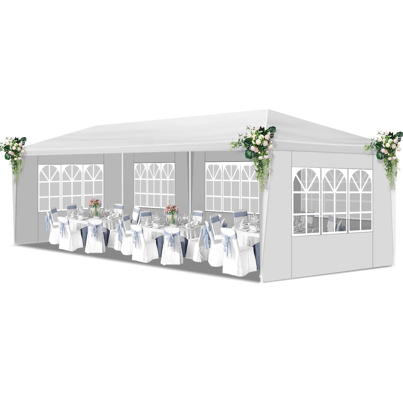 Tente de réception extérieure 10'x30', auvent imperméable avec 5 parois latérales amovibles et fenêtres de style église, grand gazebo pour mariage, anniversaire, barbecue en plein air, blanc