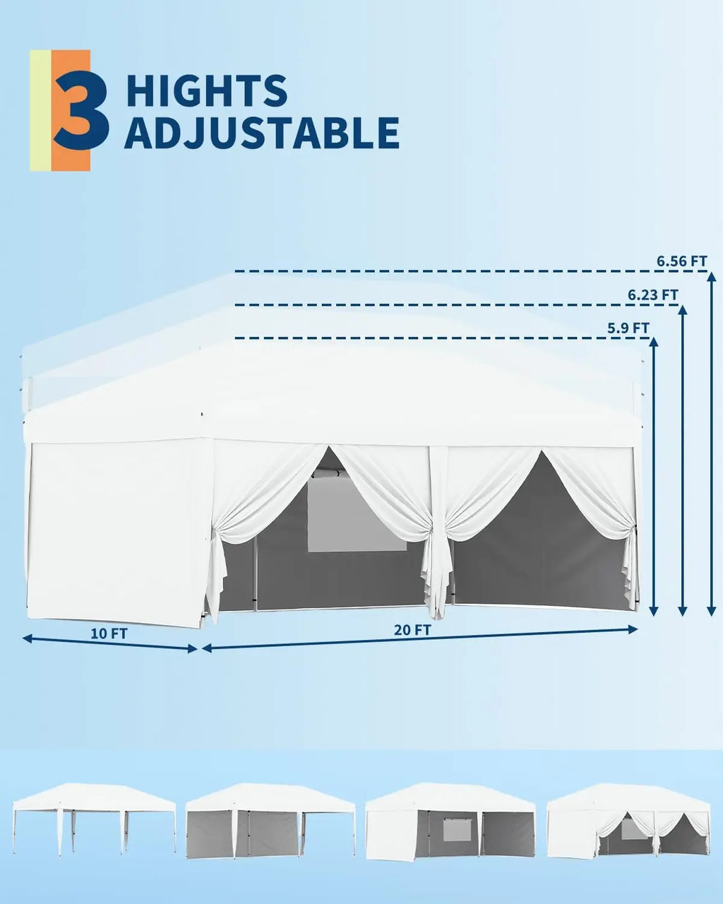 Tente de réception instantanée imperméable 10'x20' avec 6 parois latérales et 12 piquets |   Tente d'extérieur robuste pour événements, mariages, jardin, camping et marchés (Blanc)