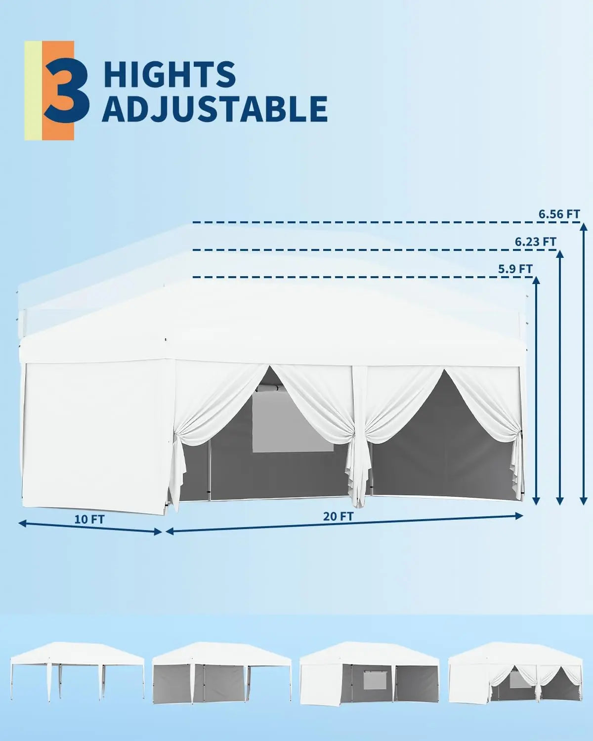 Tente de réception instantanée imperméable 10'x20' avec 6 parois latérales et 12 piquets |   Tente d'extérieur robuste pour événements, mariages, jardin, camping et marchés (Blanc)