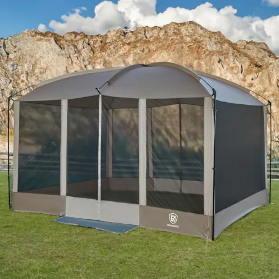 Magnetic Screen House Room 11x9ft for camping picnic, polyester mesh with silver coating, gray, hands-free entry and UV protect