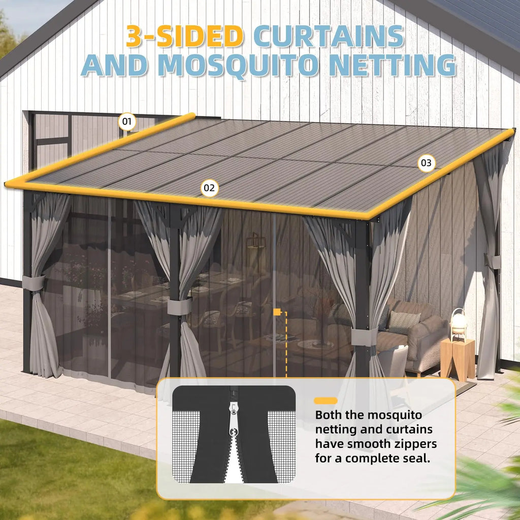 Gazebo Outdoor Pergola for Patio with Curtains and Netting, Large Wall-Mounted Hardtop 10x16 Lean to, Customized