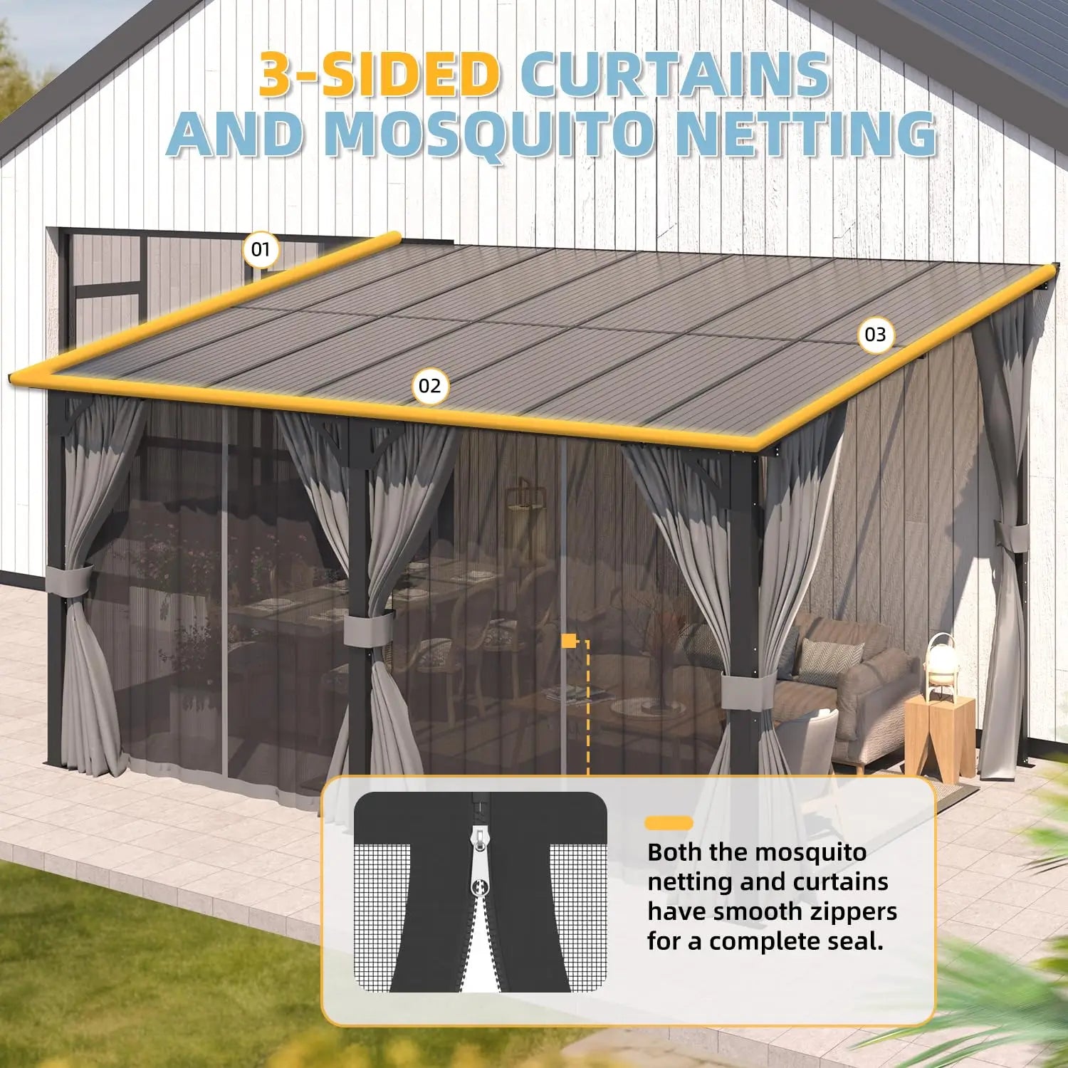 Gazebo Outdoor Pergola for Patio with Curtains and Netting, Large Wall-Mounted Hardtop 10x16 Lean to, Customized