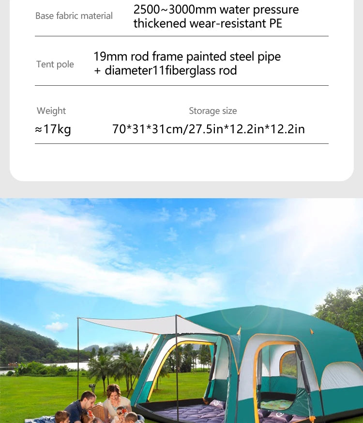 Outdoor Camping Tent for 3-12 People, Double Layers, Oversized 2 Rooms, Thickened, Rainproof, Waterproof Family Tent, Large Tent