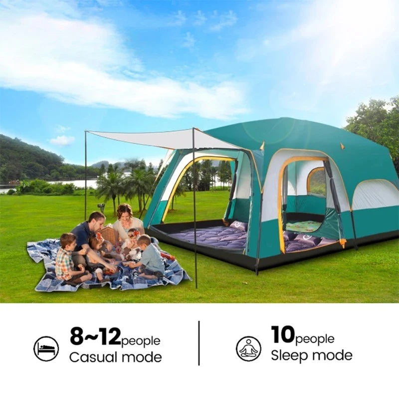 Upgraded 4 Season Camping Tent 8-12 Person Waterproof Windproof Double Layer 2 Room Family Outdoor Backpacking Equipment