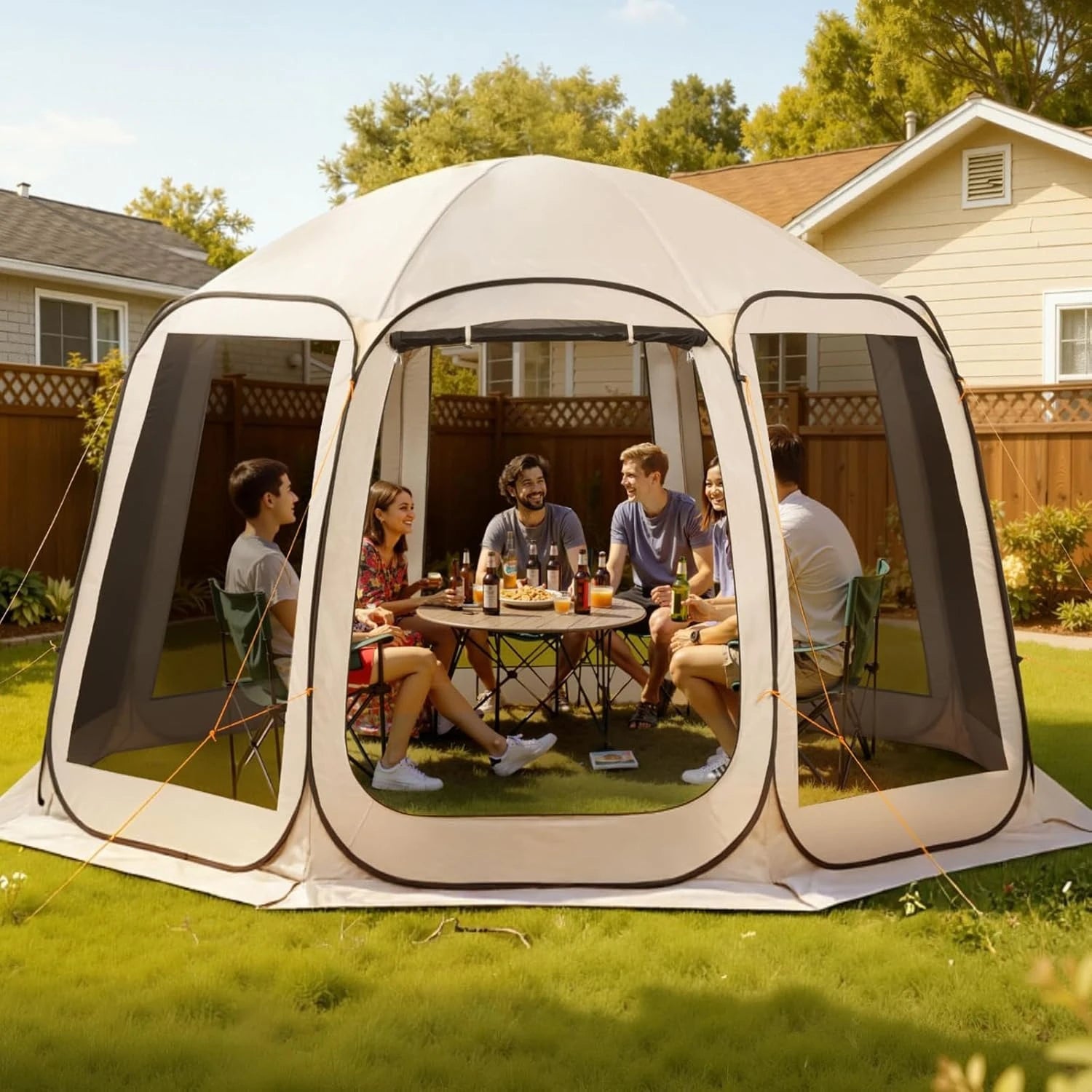 Pop-up Screen House Tent, 12 x 11 ft (approx. 3.7 x 3.4 m), screen gazebo for 10–12 people with extended awning, portable screened enclosure with carry bag and mesh walls, ideal for patios, backyards and outdoor activities
