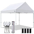 Party tent for outdoor events, snow white polyester fabric, instant pop-up setup with USA patent, includes heavy duty roller ba