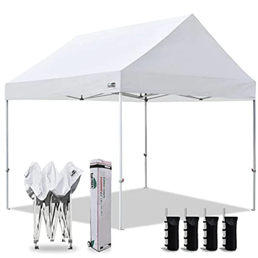 Party tent for outdoor events, snow white polyester fabric, instant pop-up setup with USA patent, includes heavy duty roller ba