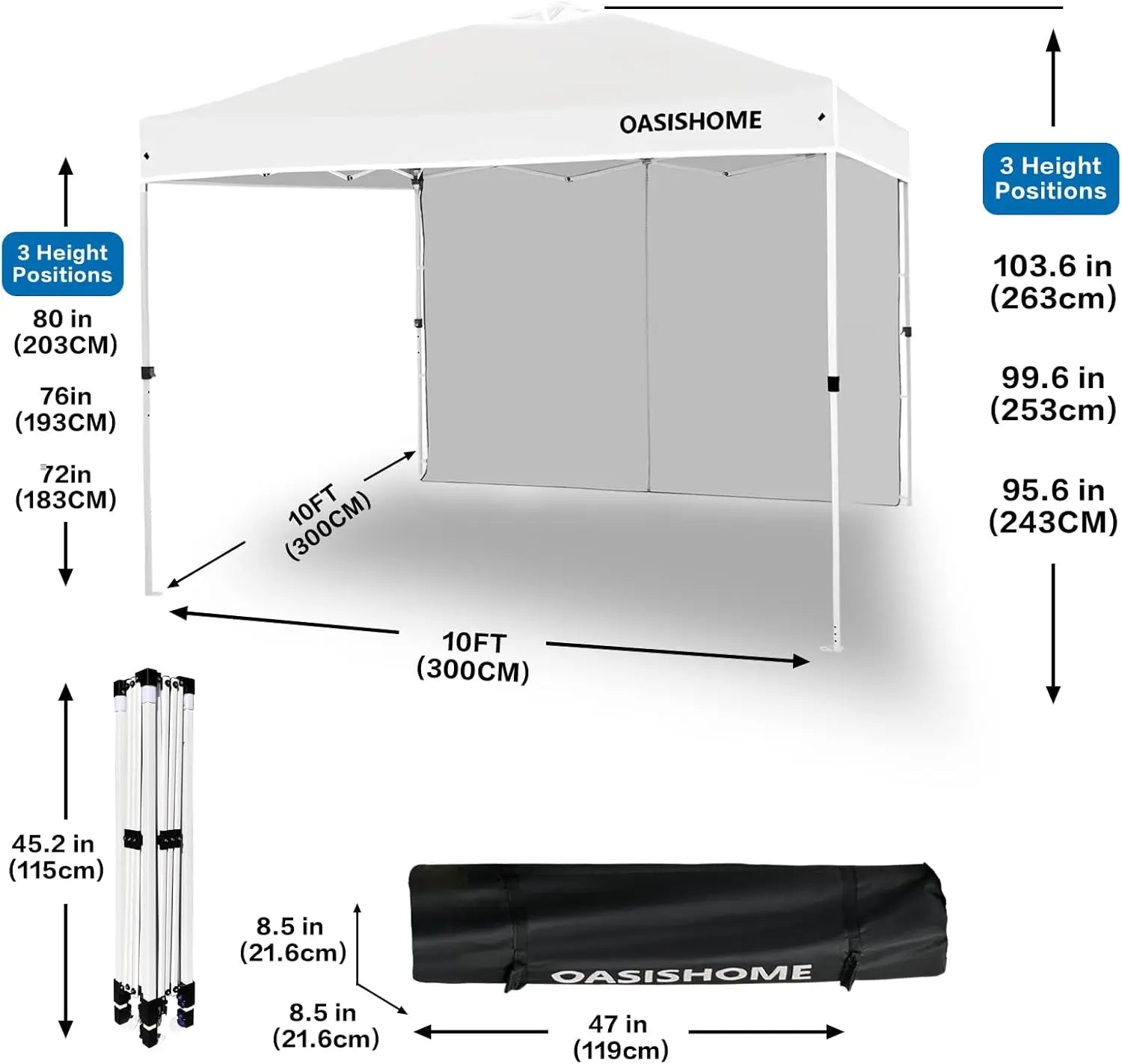 Tente pliante 10x10 avec paroi latérale, gazebo portable instantané pour extérieur, plage, patio, mariage et événements commerciaux, blanc