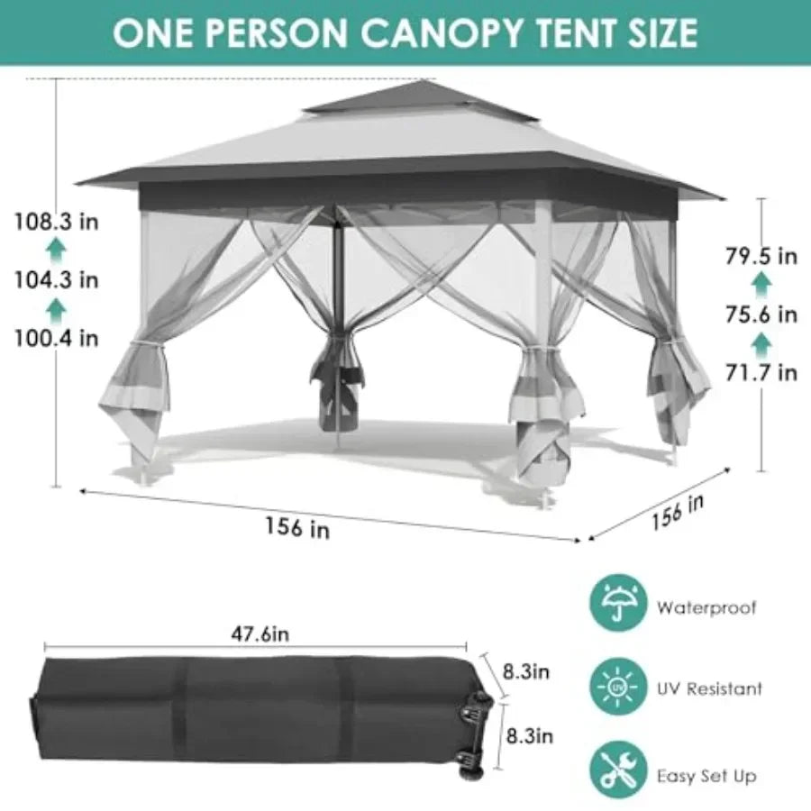 13Feet Pop Up Gazebo Outdoor   Tent w/4 Netting Sidewall Auto Extending Eave Patio Gazebos Shelter w/Mesh Wall Center Lock Whee