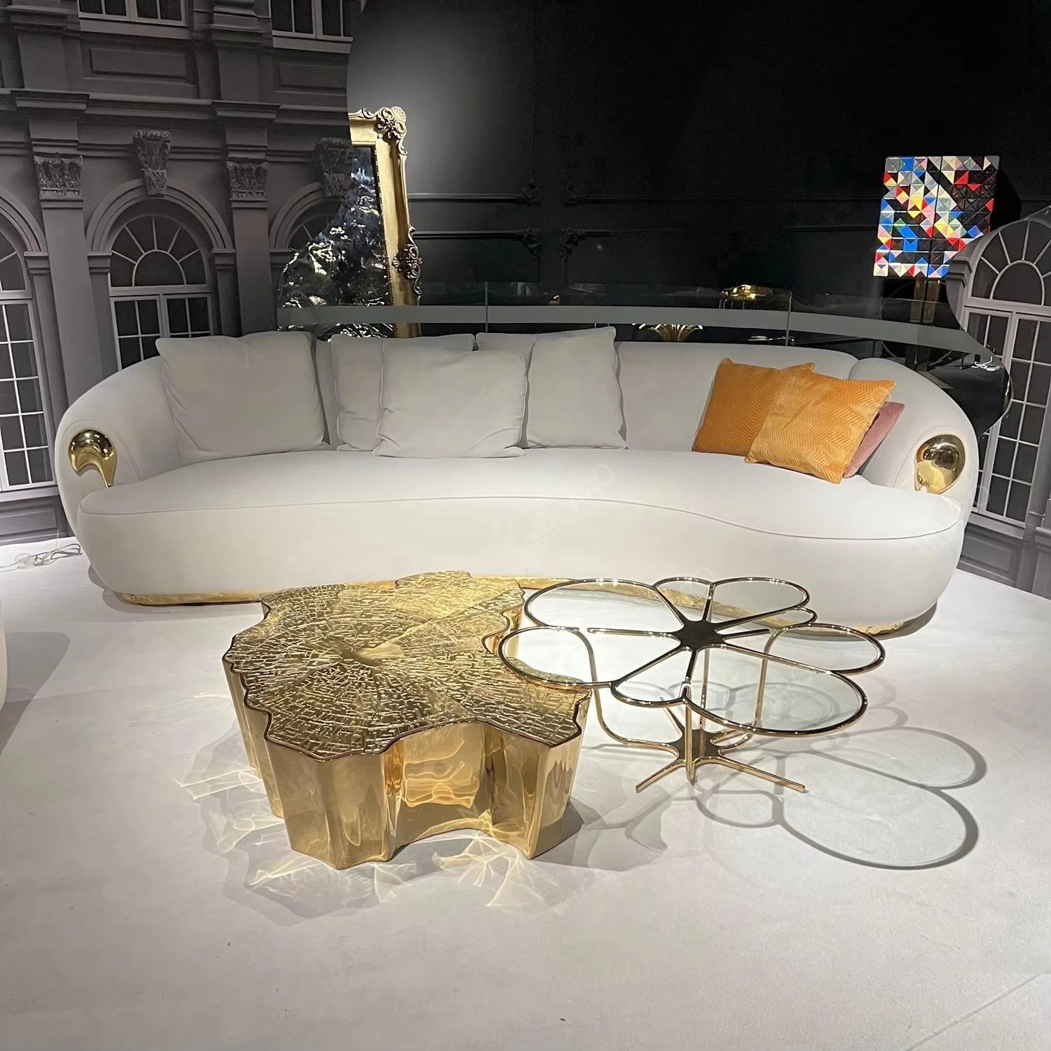 Luxury Modern Designs Living Room Furniture White Beige Hammered Brass Latest Sofa Set