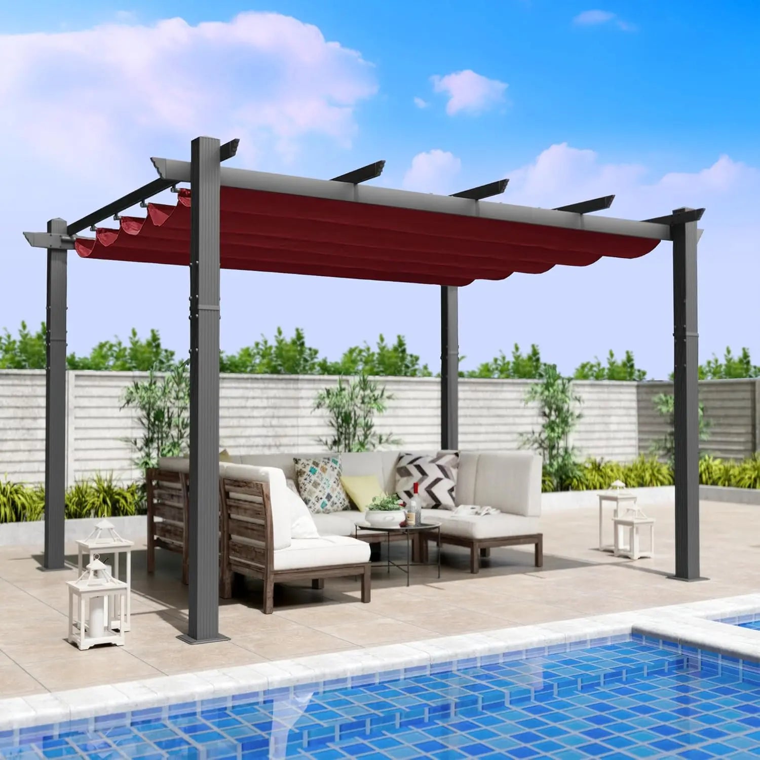 Morgan Outdoor Retractable Pergola with Sun Shade Canopy Patio Aluminum Pergola Shelter for Backyard Deck Garden Modern Metal G