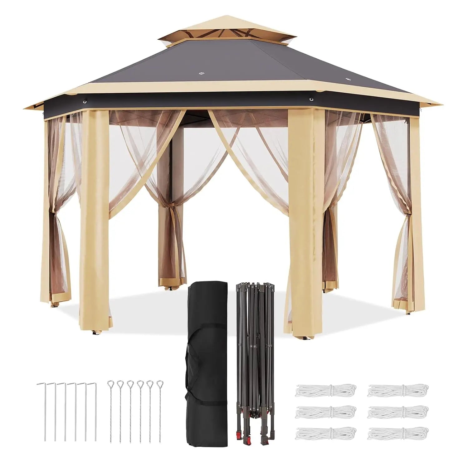 Tonnelle pop-up robuste 13x13 pieds à 6 côtés – Toit à double ventilation, fenêtres en maille, moustiquaire, réglable, personnalisable