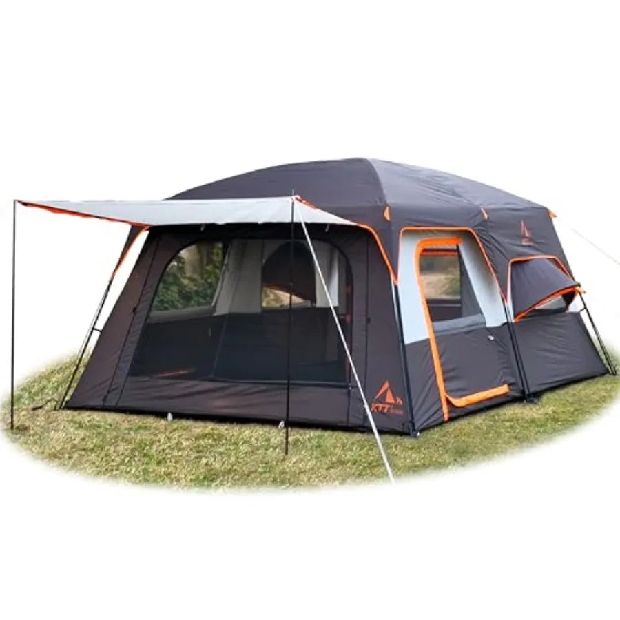 Extra Large Tent 12-14 Person, Family Cabin Tents, 2 Bay-Windows, 2 Rooms and 3 Doors 3 Windows with Mesh, Waterproof, Straight